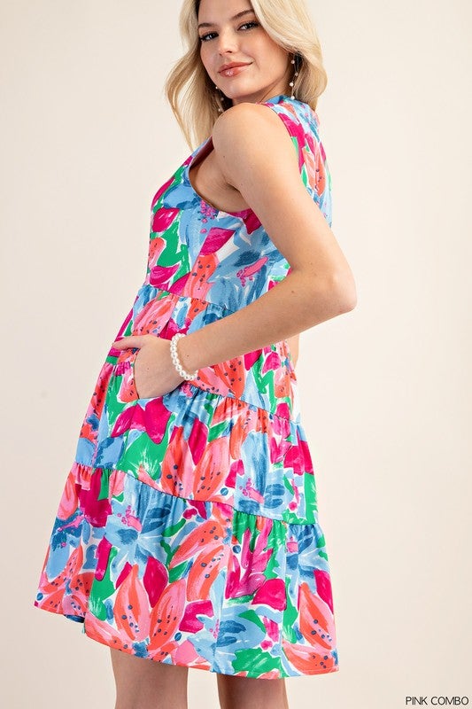 Mandarin Collar Side Pocket Floral Tiered Dress
